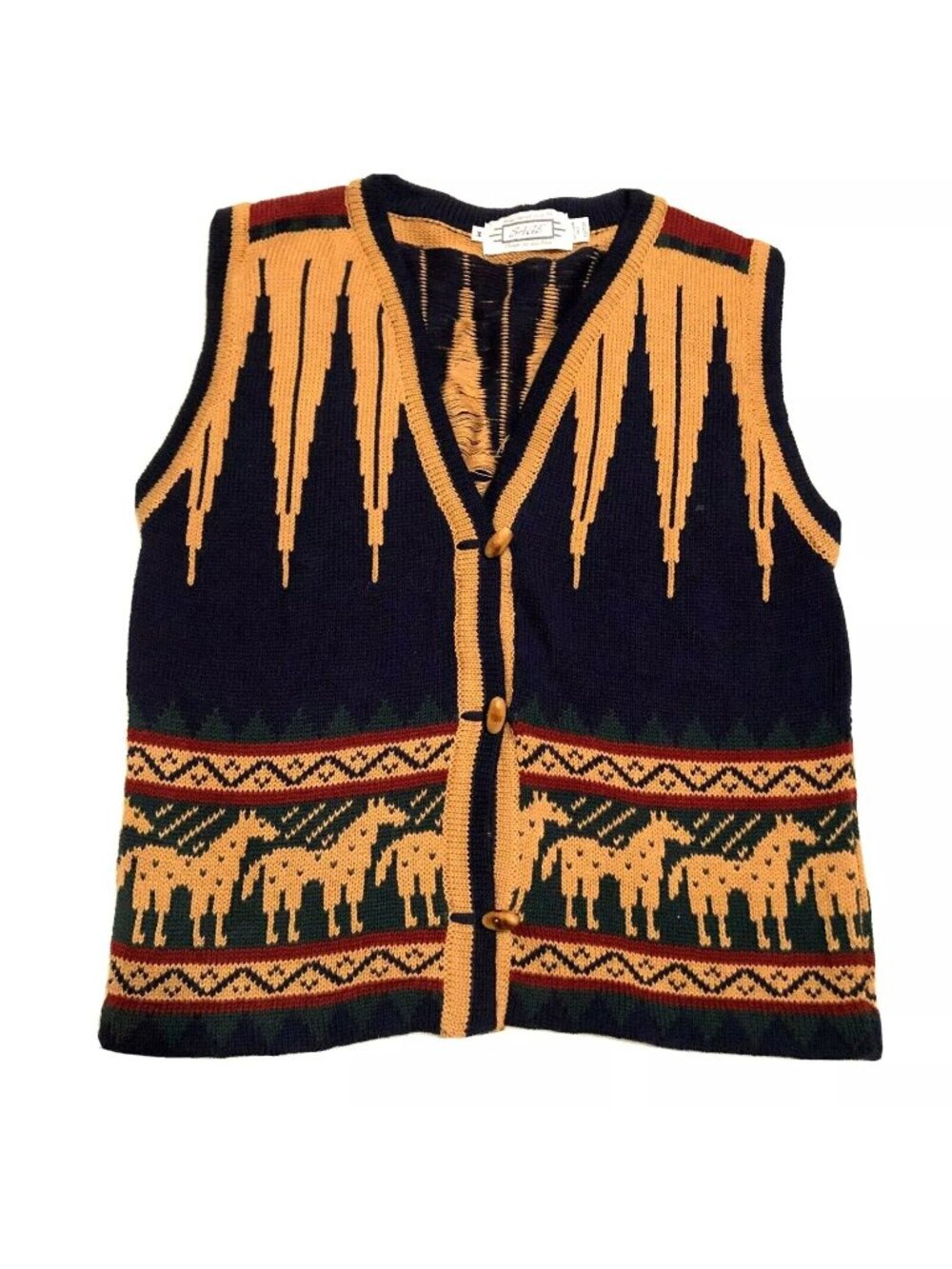 Vtg Sage Tribal Knit Vest Size M by Liz Ence USA Made Wood Toggle Buttons Womens